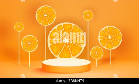 Orangenscheiben um das Bühnenpodium – stilisierte runde Zitrussegmente, die als Blumen auf Stäbchen angeordnet sind. Lebhafte tropische Appetitanwendung für gesunde Ernährungskonzepte, Vitamingetränke, Sommerpartydekorationen. Stock Vektor