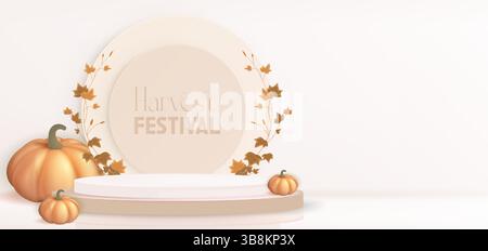 Thanksgiving Herbstfestival Podiumkomposition - realistische orange Kürbisse, kreisförmiger beiger Sockel und Efeublattzweig. Minimalistisches elegantes Design für saisonale Feiertage und festliche Veranstaltungen. Stock Vektor