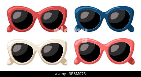Karikaturvektor bunte Sonnenbrille mit Katzenaugenformen im Retro-Stil. Vektor-isolierte Illustration auf weißem Hintergrund Stock Vektor