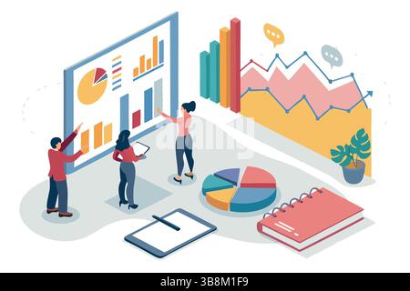 Die Analyse von Geschäftsdaten durch das Team stellt Diagramme für moderne Büropräsentationen dar Stock Vektor