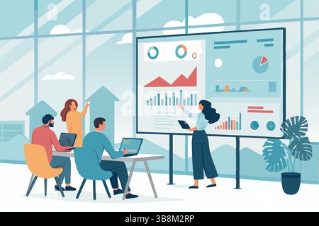 Die Analyse von Geschäftsdaten durch das Team stellt Diagramme für moderne Büropräsentationen dar Stock Vektor