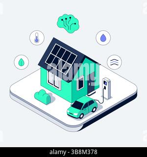 Smart Eco House integriert Solarpaneele und Ladegerät für Elektroautos. AI-Sensoren überwachen Temperatur, Feuchtigkeit und Luftqualität. Nachhaltiges Heimsystem im Stock Vektor