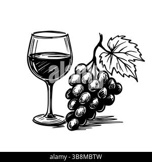 Trauben und Glas Wein, handgezeichnet. Vektor, isoliert auf weiß. Stock Vektor