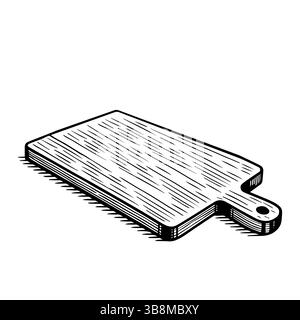 Skizzieren Sie Holzbretter. Rechteckige Platine mit Griff. Vektor-Küchenausstattung, Vintage-Vektor-Illustration. Isoliert auf weiß. Stock Vektor