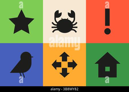 Schematische Symbole und Schilder – Set aus flachen, farbenfrohen Illustrationen Stock Vektor