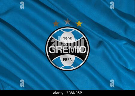 Pringsewu, Lampung, 08. Mai 2025; brasilianisches Logo des Fußballclubs Gremio mit Wellenstruktur. 3D-Abbildung Stockfoto
