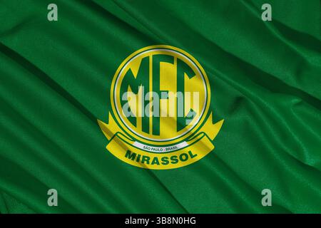 Pringsewu, Lampung 08. Mai 2025; Logo des brasilianischen Fußballvereins Mirassol mit Wellenstruktur. 3D-Abbildung Stockfoto