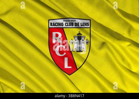 Pringsewu, Lampung 08. Mai 2025; französischer Fußballverein Lens Flag Logo Wellenstruktur. 3D-Abbildung Stockfoto
