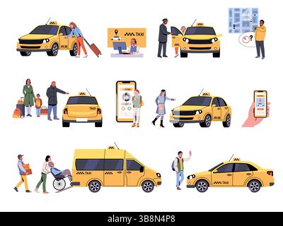 Taxifahrer. Passagiere rufen an, öffentliche Verkehrsmittel, mobile Apps, gelbes Auto, Passagiere fangen und warten, Smartphone mit Karte halten Stock Vektor