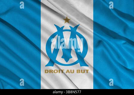 Pringsewu, Lampung 08. Mai 2025; französischer Fußballverein Marseille Flaggenlogo Wellenstruktur im Hintergrund. 3D-Abbildung Stockfoto