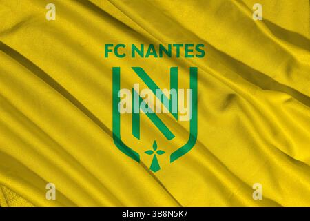 Pringsewu, Lampung 08. Mai 2025; französischer Fußballverein Nantes Flaggenlogo Wellenstruktur. 3D-Abbildung Stockfoto