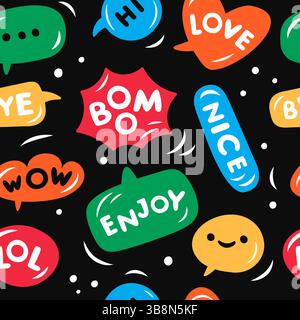 Sprachblasen nahtloses Muster für Wörter. Wiederholte Dialogballons, abgerundete, mollige Schriftart, Textwolken mit Wörtern. Textil, Geschenkpapier, Tapete Stock Vektor