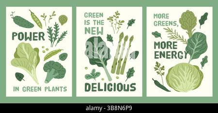 Grüne Salatkarten. Gesunde Lebensmittel Banner Design, grünes frisches Gemüse und Kräuter, Kohlköpfe, Kopfsalat Blätter, Brokkoli, Bohnen und Kohl, Entgiftung Stock Vektor