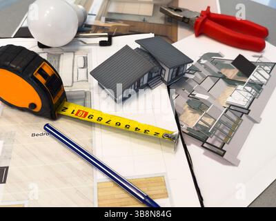 Architect Arbeitsplatz Draufsicht. Architekturprojekt, Blaupausen, Blaupausen auf dem Tisch. Konstruktionshintergrund. Technische Tools. Kopierbereich. Hg Stockfoto