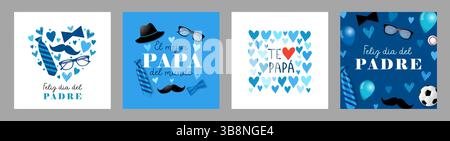 Feliz Dia del Padre und El Mejor Papa spanische Grußkarten Set mit Herrenaccessoires. Übersetzung - alles Gute zum Vatertag, der beste Vater der Welt Stock Vektor