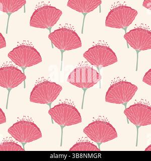 Rosa Blumen Mohnmuster, handgezeichnete Blumen auf hellem cremefarbenen Hintergrund. Zarte feminine Töne. Vektorabbildung Stock Vektor