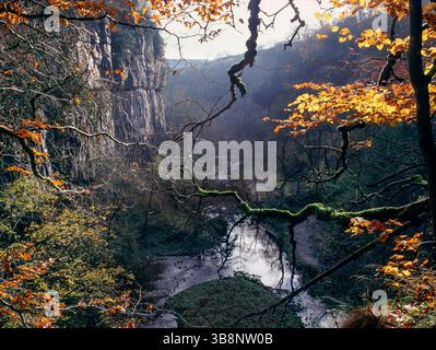 Chee Tor und River Wye im Herbst, Chee Dale, Peak District National Park, Derbyshire, England, Großbritannien Stockfoto