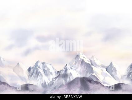 Nahtloses Aquarellbanner mit schneebedeckten Bergen, Nebel, Wald, Himmel und Wolken. Stockfoto