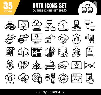 Datenbanksymbole, 35 universelle Symbole, Datenanalyse, Statistik, Analyse Web-Zeichen - Aktienvektor Stock Vektor