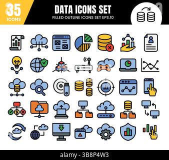 Datenbanksymbole, 35 universelle Symbole, Datenanalyse, Statistik, Analyse Web-Zeichen - Stock-Vektor-Illustration. Stock Vektor