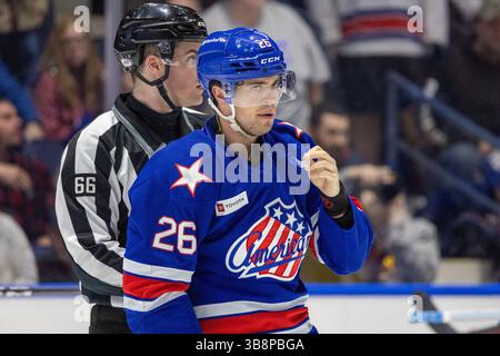 19. April 2024: Rochester Americans Stürmer Mason Jobst (26) skatet in der zweiten Periode gegen die Cleveland Monsters. Die Rochester Americans veranstalteten die Cleveland Monsters in einem Spiel der American Hockey League in der Blue Cross Arena in Rochester, New York. (Jonathan Tenca/CSM) (Bild: © Jonathan Tenca/CSM via ZUMA Press Wire) Stockfoto