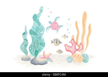 Ocean Life Aquarellillustration. Zeichentrickstil. Handgezogener Sandboden mit Algen, Muscheln, Fischen und Schildkröten. Perfekt für Grußkarten im Meer Stockfoto