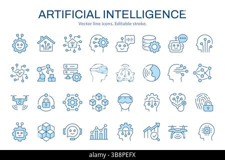 Symbolsatz für künstliche Intelligenz. Vektorgrafik-Sammlung mit maschinellem Lernen, digitalem Gehirn, KI und mehr. Zweifarbige Symbole passen sich einfach an Ihren an Stock Vektor