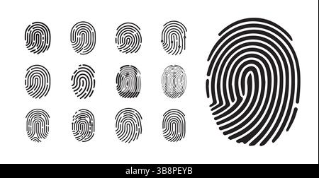 Fingerabdrucksymbole Legen Sie biometrische Identitätssicherheitssymbole und Authentifizierungssymbole fest.eps , Fingerabdruckscanner-Symbole. Vektorabbildung Stock Vektor