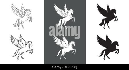 Pegasus Silhouettensymbole , Vektorgrafiken mit Flügeln in Linien-, Volumenkörper- und inversen Formaten Stock Vektor