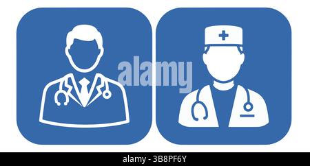 Arzt und Krankenschwester Icon Set, medizinische Stabssymbole in Blau und weiß Stock Vektor