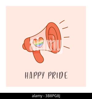 Vektor-Megaphon-Illustration mit Regenbogenherzemblem und der Phrase Happy Pride, die LGBTQ-Bewusstsein und -Stimme feiert. Stock Vektor