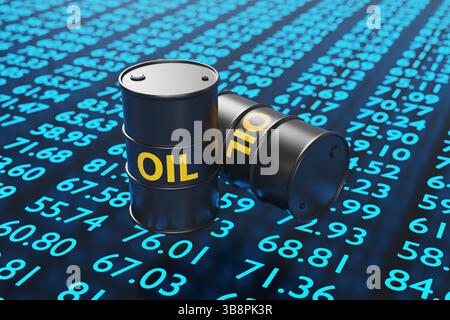 Schwarze Metallfässer, die mit dem gelben Wort ÖL auf einem Hintergrund von Figuren markiert sind. Illustration des Konzepts der Fluktuation der Rohölpreise Stockfoto