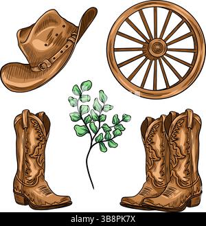 Vektor-westliche Gruppe. Handgemaltes Rodeo-Design. Illustration Cowboystiefel auf dem Land. Bauernhof rustikales Clipart. Wilder Westen. Stock Vektor