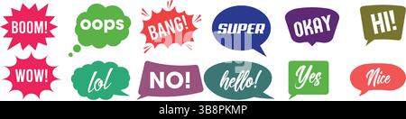 Farbenfrohe Symbole für Comic-Sprechblasen. Vektorkonversationswolken mit Ausdrücken und Textsymbolen. Stock Vektor