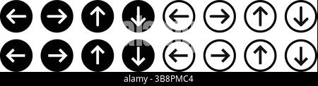 Schwarze Richtungspfeilsymbole in kreisförmiger Form. Schaltflächen für die Navigation mit ausgefüllten und umrissenen Vektoren festgelegt. Stock Vektor