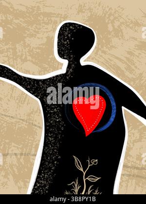 Menschliche Silhouette in dynamischer Pose, die ein großes rotes Herz zeigt. Digitale Illustration. Stockfoto