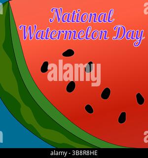 Sommer-Vektor-Illustration mit einem riesigen saftigen Stück Wassermelone mit schwarzen Samen auf einem blauen Hintergrund. Inschrift zum nationalen Wassermelonentag. Idee Stock Vektor
