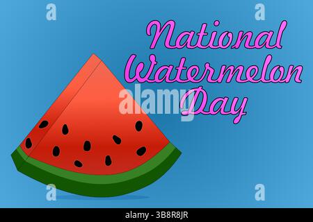 Sommerillustration mit abgeschnittenem Stück Wassermelone mit saftigem Fruchtfleisch dreieckiger Form mit schwarzen Samen auf blauem Hintergrund. National Watermelon D Stock Vektor