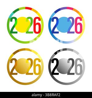 Satz runder Etiketten für Neujahrsfeier 2026. Season's Greetings Web-Symbole. Kreative Kreise mit Kopierraum. Design in Grün, Blau, Gold und Silber Stock Vektor