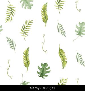 Tropische Blätter Nahtloses Muster. Palme, Eukalyptus und Monstera mit Liana. Aquarell handgezeichnete botanische Illustration isoliert auf weißem Hintergrund Stockfoto
