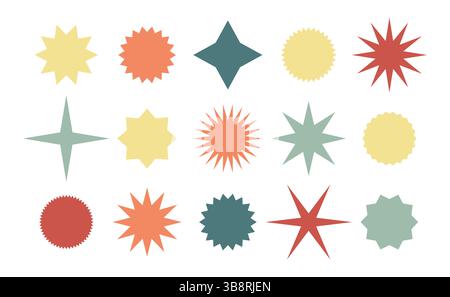 Retrostyling-Starbursten und Sonnenformen in Pastellfarben. Ein vielseitiges Grafikelement für Vintage-Designs, Logoakzente oder dekorative Hintergründe. Stock Vektor