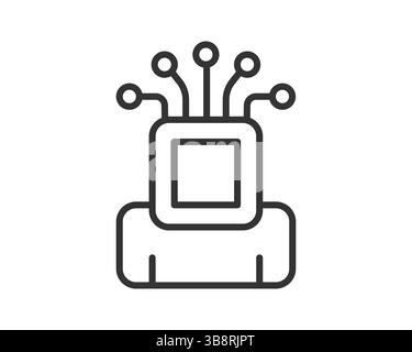 Minimalistisches Kontursymbol einer Persönlichkeit mit einem Kopf und Drähten, die KI, Robotik oder fortschrittliche Technologie symbolisieren. Konzept für Innovation Stock Vektor
