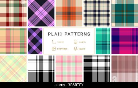 Trendige Karomuster in leuchtenden Farben mit karierten Designs und Streifen im Gingham-Stil. Ideal für Textilien, Stoffe, Kleidung oder Tapeten mit Stock Vektor