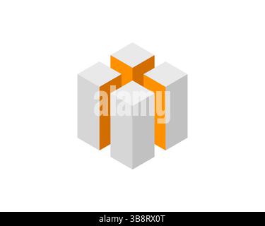 Abstraktes isometrisches Design mit miteinander verbundenen grauen Würfeln mit leuchtenden orangefarbenen Akzenten. Perfekt für Konzepte wie Verbindung, Einheit, Teamwork oder Mo Stock Vektor