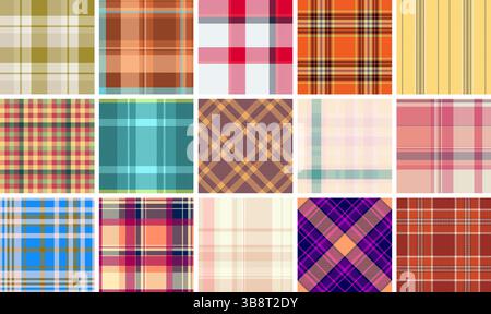 Eine Kollektion von Karomustern mit farbenfrohen Karomustern, perfekt für Stoffe, Textildrucke, Tapeten und Hemden. Diese klassischen Designs bringen Scott mit Stock Vektor