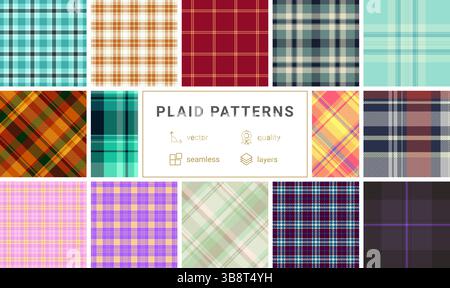 Zwölf lebendige Karomuster in verschiedenen Farben und Styles. Nahtlose Vektordesigns perfekt für Textildrucke, Website-Hintergründe oder Modeprodukte Stock Vektor