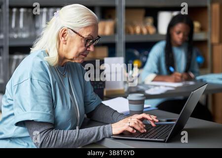Ältere Frau, die Laptop in moderner Büroumgebung nutzt Stockfoto