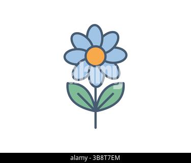 Bezaubernde Flatstyle-Illustration einer blauen Blume mit grünen Blättern. Perfekt für Websites, Apps, Kinderbücher oder Projekte, die einen Hauch von nat benötigen Stock Vektor