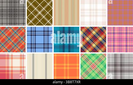 Kollektion mit 16 lebendigen Karomustern. Ideal für Textildesign, Mode, Web-Hintergründe und Scrapbooking. Verschiedene Farben und Stile bieten Taucher Stock Vektor