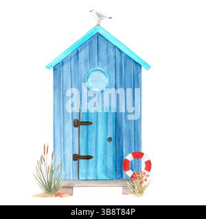 Holzplanke Kabine Rettungsmöwe isoliert auf weißem Hintergrund. Hochwertige minimale Architektur Aquarellillustration perfekt für Karten, Dekor Stockfoto